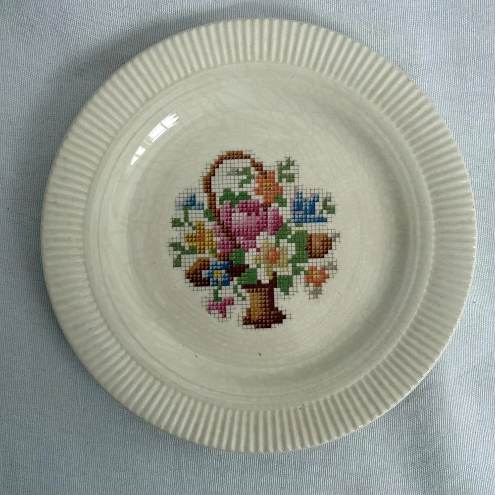 Salem China‎ Co Basket Cross Stitch Vintage 4pc Set Handled Plate Bowls Cream